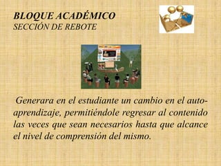 BLOQUE ACADÉMICO
SECCIÓN DE REBOTE




 Generara en el estudiante un cambio en el auto-
aprendizaje, permitiéndole regresar al contenido
las veces que sean necesarios hasta que alcance
el nivel de comprensión del mismo.
 