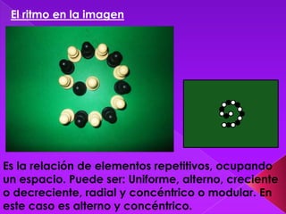 El ritmo en la imagen




Es la relación de elementos repetitivos, ocupando
un espacio. Puede ser: Uniforme, alterno, creciente
o decreciente, radial y concéntrico o modular. En
este caso es alterno y concéntrico.
 