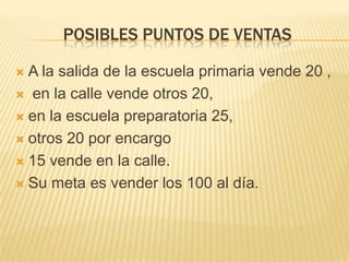 POSIBLES PUNTOS DE VENTAS

 A la salida de la escuela primaria vende 20 ,
 en la calle vende otros 20,

 en la escuela preparatoria 25,

 otros 20 por encargo

 15 vende en la calle.

 Su meta es vender los 100 al día.
 