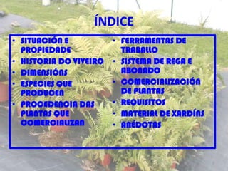 ÍNDICE
• SITUACIÓN E           • FERRAMENTAS DE
  PROPIEDADE              TRABALLO
• HISTORIA DO VIVEIRO   • SISTEMA DE REGA E
• DIMENSIÓNS              ABONADO
• ESPECIES QUE          • COMERCIALIZACIÓN
  PRODUCEN                DE PLANTAS
• PROCEDENCIA DAS       • REQUISITOS
  PLANTAS QUE           • MATERIAL DE XARDÍNS
  COMERCIALIZAN         • ANÉDOTAS



                                                2
 
