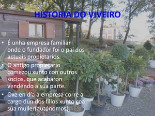 HISTORIA DO VIVEIRO

• É unha empresa familiar
  onde o fundador foi o pai dos
  actuais propietarios.
• O antigo propietario
  comezou xunto con outros
  socios, que acabaron
  vendéndo a súa parte.
• Oxe en día a empresa corre a
  cargo dun dos fillos xunto coa
  súa muller(autónomos).           5
 