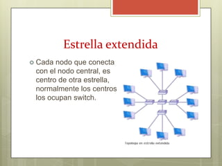 Estrella extendida
 Cada nodo que conecta
 con el nodo central, es
 centro de otra estrella,
 normalmente los centros
 los ocupan switch.
 