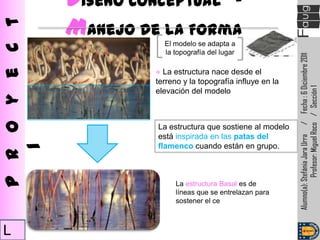 Diseño Conceptual –
                Manejo de la Forma
P r o y e c t
                           El modelo se adapta a
                           la topografía del lugar




                                                                 Alumno(a): Stefánia Jara Urra / Fecha : 6 Diciembre 2011
                         ● La estructura nace desde el
                         terreno y la topografía influye en la




                                                                             Profesor: Miguel Roco / Sección 1
                         elevación del modelo



                         La estructura que sostiene al modelo
                         está inspirada en las patas del
                         flamenco cuando están en grupo.
o 1




                               La estructura Basal es de
                               líneas que se entrelazan para
                               sostener el ce



L
 