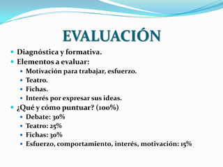 EVALUACIÓN
 Diagnóstica y formativa.
 Elementos a evaluar:
    Motivación para trabajar, esfuerzo.
    Teatro.
    Fichas.
    Interés por expresar sus ideas.
 ¿Qué y cómo puntuar? (100%)
    Debate: 30%
    Teatro: 25%
    Fichas: 30%
    Esfuerzo, comportamiento, interés, motivación: 15%
 