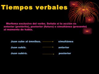 Tiempos verbales   Morfema exclusivo del verbo. Señala si la acción es anterior (pretérito), posterior (futuro) o simultánea (presente) al momento de habla. Juan sube al ómnibus.  simultánea  Juan subió.  anterior Juan subirá.  posterior 