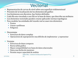 Vectorial
    Representación de curvas de nivel sobre una superficie tridimensional
    Precisión de la localización de los elementos del gráfico
    Los fenómenos son discretos, hay limites definidos
    Cada fila esta vinculada a una fila en la base de datos, que describe sus atributos
    Los elementos vectoriales pueden crearse aplicando normas topológicas
    Para modelar las entidades del mundo real se usan tres elementos:
        Puntos
        Líneas o polilíneas
        Polígonos

  Desventajas
     Estructura de datos compleja
     Operaciones de superposición mas difíciles de implementar y representar

  Ventajas
     Estructura de datos compacta
     Buena salida grafica
     Mayor compatibilidad con bases de datos relacionales
     Datos mas fáciles de mantener
     Permite mayor capacidad de análisis
                         Pablo Oliva - Instituto de Educación Superior Nº 9-
21/12/2011               015                                                               8
 