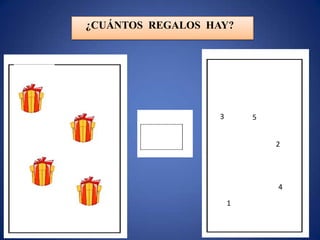 ¿CUÁNTOS REGALOS HAY?




                   3           5


                                   2
                           5



                                   4

                       1
 