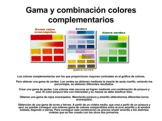 Gama y combinación colores complementarios Los colores complementarios son los que proporcionan mayores contrastes en el gráfico de colores. Para obtener una gama de verdes: Los verdes se obtienen mediante la mezcla de azuly marillo, variando los porcentajes, se obtienen diferentes resultados. Crear una gama de azules: Los colores más oscuros se logran mediante una combinación de púrpura y azul. El color púrpura tiñe con intensidad y su mezcla se debe dosificar bien. Obtener una gama de rojos anaranjados: Mezclando púrpura y amarillo obtendremos diferentes tonos anaranjados. Obtención de una gama de ocres y tierras: A partir de un violeta medio, que crea a partir de un púrpura y azul, es posible conseguir una extensa gama de colores compendidos entre el ocre amarillo y el sombra tostada, llegando a sienas. Para conseguir esta combinación es preciso añadir amarillo a los distintos violetas que se han creado con los otros dos primarios.  