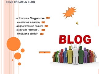 COMO CREAR UN BLOG




      entramos a Blogger.com
       crearemos la cuenta
      asignaremos un nombre
      elegir una “plantilla”.
       empezar a escribir
 