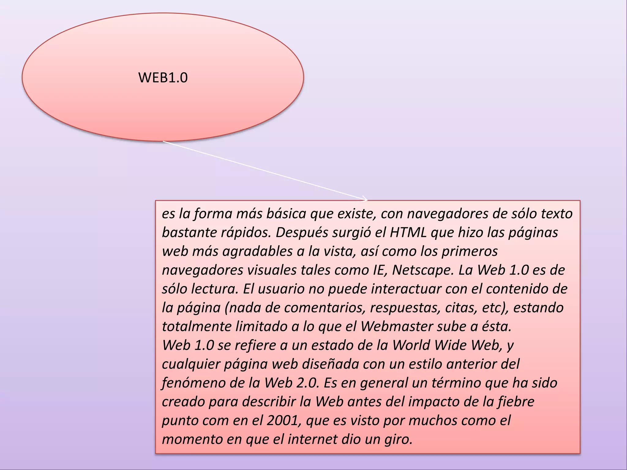 WEB1.0




  es la forma más básica que existe, con navegadores de sólo texto
  bastante rápidos. Después surgió el HTML que hizo las páginas
  web más agradables a la vista, así como los primeros
  navegadores visuales tales como IE, Netscape. La Web 1.0 es de
  sólo lectura. El usuario no puede interactuar con el contenido de
  la página (nada de comentarios, respuestas, citas, etc), estando
  totalmente limitado a lo que el Webmaster sube a ésta.
  Web 1.0 se refiere a un estado de la World Wide Web, y
  cualquier página web diseñada con un estilo anterior del
  fenómeno de la Web 2.0. Es en general un término que ha sido
  creado para describir la Web antes del impacto de la fiebre
  punto com en el 2001, que es visto por muchos como el
  momento en que el internet dio un giro.
 