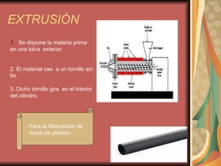 EXTRUSIÓN Se dispone la materia prima  en una tolva  exterior. 2. El material cae  a un tornillo sin fin. 3. Dicho tornillo gira  en el interior del cilindro. Para la fabricación de tubos de plástico 