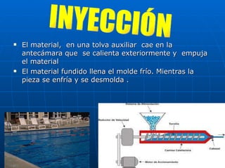 El material,  en una tolva auxiliar  cae en la antecámara que  se calienta exteriormente y  empuja el material El material fundido llena el molde frío. Mientras la pieza se enfría y se desmolda . INYECCIÓN 