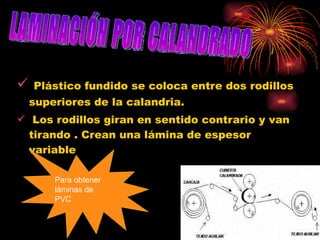 Plástico fundido se coloca entre dos rodillos superiores de la calandria.  Los rodillos giran en sentido contrario y van tirando . Crean una lámina de espesor variable LAMINACIÓN POR CALANDRADO Para obtener láminas de PVC 