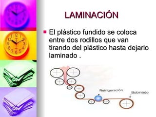 LAMINACIÓN El plástico fundido se coloca entre dos rodillos que van tirando del plástico hasta dejarlo laminado .  