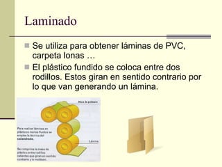 Laminado Se utiliza para obtener láminas de PVC, carpeta lonas … El plástico fundido se coloca entre dos rodillos. Estos giran en sentido contrario por lo que van generando un lámina. 