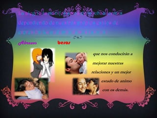 La alegría la manifestamos de muchas formas
dependiendo de nuestros propios estilos de
expresión. La podemos demostrar con:

Abrazos         besos

                               que nos conducirán a

                               mejorar nuestras
                              relaciones y un mejor
                                   estado de animo
                                    con os demás.
 