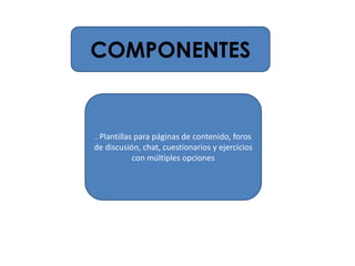 COMPONENTES
. Plantillas para páginas de contenido, foros
de discusión, chat, cuestionarios y ejercicios
con múltiples opciones