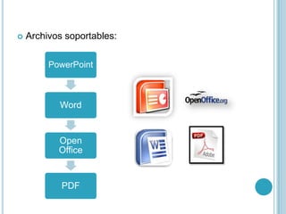    Archivos soportables:

         PowerPoint



           Word


           Open
           Office


            PDF
 