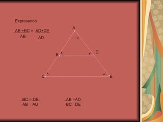 A B C D E Expresando  AB +BC =  AD+DE AB AD BC = DE AB  AD AB =AD BC  DE 