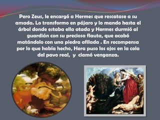 Pero Zeus, le encargó a Hermes que rescatase a su
amada. Lo transformo en pájaro y lo mando hasta el
 árbol donde estaba ella atada y Hermes durmió al
     guardián con su preciosa flauta, que acabó
 matándolo con una piedra afilada . En recompensa
por lo que había hecho, Hera puso los ojos en la cola
         del pavo real, y clamó venganza.
 