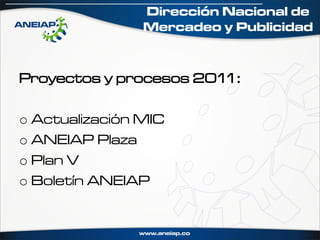 Dirección Nacional de
                Mercadeo y Publicidad



Proyectos y procesos 2011:

o Actualización MIC
o ANEIAP Plaza
o Plan V
o Boletín ANEIAP
 