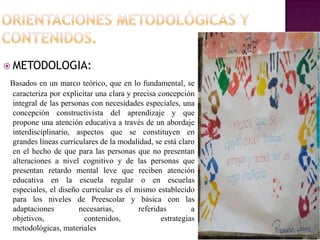  METODOLOGIA:
 Basados en un marco teórico, que en lo fundamental, se
 caracteriza por explicitar una clara y precisa concepción
 integral de las personas con necesidades especiales, una
 concepción constructivista del aprendizaje y que
 propone una atención educativa a través de un abordaje
 interdisciplinario, aspectos que se constituyen en
 grandes líneas curriculares de la modalidad, se está claro
 en el hecho de que para las personas que no presentan
 alteraciones a nivel cognitivo y de las personas que
 presentan retardo mental leve que reciben atención
 educativa en la escuela regular o en escuelas
 especiales, el diseño curricular es el mismo establecido
 para los niveles de Preescolar y básica con las
 adaptaciones         necesarias,        referidas         a
 objetivos,             contenidos,              estrategias
 metodológicas, materiales
 