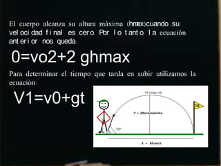 El cuerpo alcanza su altura máxima (hm    ax)cuando su
vel oci dad f i nal es cer o. Por l o t ant o, l a ecuación
ant er i or nos queda:

0=vo2+2 ghmax
Para determinar el tiempo que tarda en subir utilizamos la
ecuación:

 V1=v0+gt
 