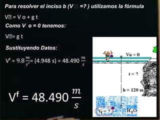 Para resolver el inciso b (V ˳=? ) utilizamos la fórmula

Vᶠ V o + g t
  =
Como V o = 0 tenemos:

Vᶠ g t
  =
Sustituyendo Datos:
 