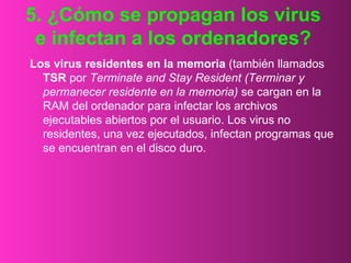 Los virus residentes en la memoria  (también llamados  TSR  por  Terminate and Stay Resident (Terminar y permanecer residente en la memoria)  se cargan en la RAM del ordenador para infectar los archivos ejecutables abiertos por el usuario. Los virus no residentes, una vez ejecutados, infectan programas que se encuentran en el disco duro.  5. ¿Cómo se propagan los virus e infectan a los ordenadores? 