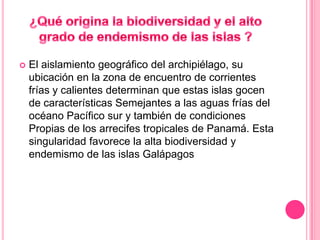    El aislamiento geográfico del archipiélago, su
    ubicación en la zona de encuentro de corrientes
    frías y calientes determinan que estas islas gocen
    de características Semejantes a las aguas frías del
    océano Pacífico sur y también de condiciones
    Propias de los arrecifes tropicales de Panamá. Esta
    singularidad favorece la alta biodiversidad y
    endemismo de las islas Galápagos
 