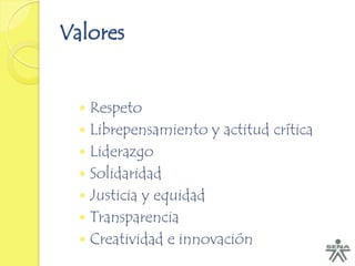 Valores


   Respeto
   Librepensamiento y actitud crítica
   Liderazgo
   Solidaridad
   Justicia y equidad
   Transparencia
   Creatividad e innovación
 