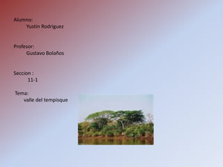 Alumno:
    Yustin Rodriguez


Profesor:
     Gustavo Bolaños


Seccion :
      11-1

Tema:
   valle del tempisque
 