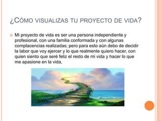 ¿CÓMO VISUALIZAS TU PROYECTO DE VIDA?
   Mi proyecto de vida es ser una persona independiente y
    profesional, con una familia conformada y con algunas
    complacencias realizadas; pero para esto aún debo de decidir
    la labor que voy ejercer y lo que realmente quiero hacer, con
    quien siento que seré feliz el resto de mi vida y hacer lo que
    me apasione en la vida,
 