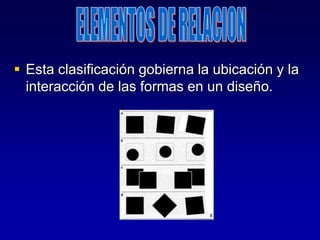  Esta clasificación gobierna la ubicación y la
  interacción de las formas en un diseño.
 