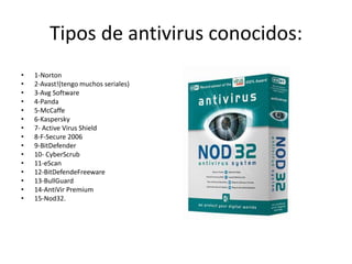 Tipos de antivirus conocidos:
•   1-Norton
•   2-Avast!(tengo muchos seriales)
•   3-Avg Software
•   4-Panda
•   5-McCaffe
•   6-Kaspersky
•   7- Active Virus Shield
•   8-F-Secure 2006
•   9-BitDefender
•   10- CyberScrub
•   11-eScan
•   12-BitDefendeFreeware
•   13-BullGuard
•   14-AntiVir Premium
•   15-Nod32.
 