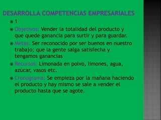  1
 Objetivos: Vender la totalidad del producto y
  que quede ganancia para surtir y para guardar.
 Metas: Ser reconocido por ser buenos en nuestro
  trabajo; que la gente salga satisfecha y
  tengamos ganancias
 Recursos: Limonada en polvo, limones, agua,
  azúcar, vasos etc.
 Cronograma: Se empieza por la mañana haciendo
  el producto y hay mismo se sale a vender el
  producto hasta que se agote.
 