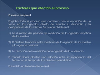 El marco temporal

Engloba todo el proceso que comienza con la aparición de un
tema en las agendas objeto de estudio su desarrollo y la
desaparición de las mismas. Se puede dividir en 3:

1) La duración del periodo de medición de la agenda temática
   de los medios

2) El desfase temporal entre medición de la agenda de los medios
   y la agenda personal

3) La duración de la medición de la agenda de la audiencia

El modelo lineal plantea una relación entre la importancia del
   tema con el tiempo de la cobertura periodística

El modelo no lineal se divide en 4:
 