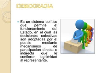    Es un sistema político
    que       permite     el
    funcionamiento      del
    Estado, en el cual las
    decisiones colectivas
    son adoptadas por el
    pueblo        mediante
    mecanismos           de
    participación directa o
    indirecta     que     le
    confieren legitimidad
    al representante.
 