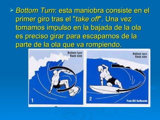  Bottom Turn: esta maniobra consiste en el
 primer giro tras el "take off". Una vez
 tomamos impulso en la bajada de la ola
 es preciso girar para escaparnos de la
 parte de la ola que va rompiendo.
 
