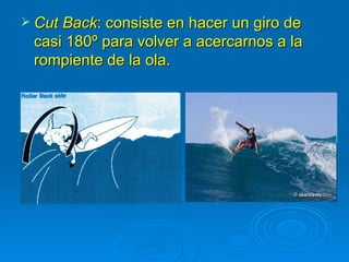  Cut Back: consiste en hacer un giro de
 casi 180º para volver a acercarnos a la
 rompiente de la ola.
 