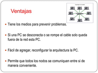 Ventajas

 Tiene los medios para prevenir problemas.


 Si una PC se desconecta o se rompe el cable solo queda
  fuera de la red esta PC.

 Fácil de agregar, reconfigurar la arquitectura la PC.


 Permite que todos los nodos se comuniquen entre si de
  manera conveniente.
 