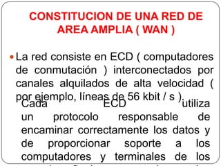 CONSTITUCION DE UNA RED DE
      AREA AMPLIA ( WAN )

 La red consiste en ECD ( computadores
 de conmutación ) interconectados por
 canales alquilados de alta velocidad (
 por ejemplo, líneas de 56 kbit / s ).
  Cada             ECD               utiliza
  un    protocolo     responsable         de
  encaminar correctamente los datos y
  de proporcionar soporte a los
  computadores y terminales de los
 