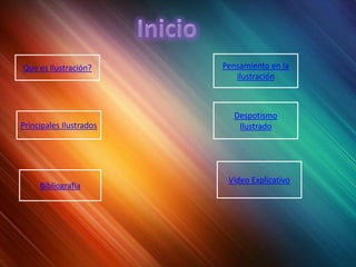 Que es Ilustración?      Pensamiento en la
                            ilustración



                           Despotismo
Principales Ilustrados      Ilustrado




                          Video Explicativo
     Bibliografía
 