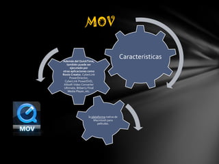 MOV

Además del QuickTime,
                                              Caracteristicas
   también puede ser
      ejecutado por
otras aplicaciones como
Roxio Creator, CyberLink
      PowerDirector,
 CyberLink PowerDVD,
 Xilisoft Video Converter
 Ultimate, Bitberry Final
     Media Player, etc.




                    la plataforma nativa de
                         Macintosh para
                            películas.
 