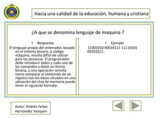 Hacia una calidad de la educación, humana y cristiana


              ¿A que se denomina lenguaje de maquina ?
                • Respuesta                             • Ejemplo
El lenguaje propio del ordenador, basado      11001010 00010111 11110101
     en el sistema binario, o código          00101011.
     máquina, resulta difícil de utilizar
     para las personas. El programador
     debe introducir todos y cada uno de
     los comandos y datos en forma
     binaria, y una operación sencilla
     como comparar el contenido de un
     registro con los datos situados en una
     ubicación del chip de memoria puede
     tener el siguiente formato.




   Autor: Andrés Felipe
   Hernández Yanquen
 