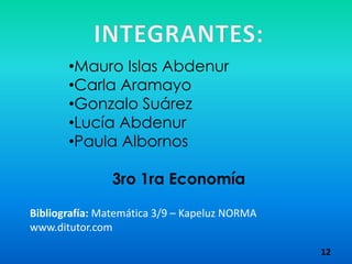 •Mauro Islas Abdenur
       •Carla Aramayo
       •Gonzalo Suárez
       •Lucía Abdenur
       •Paula Albornos

               3ro 1ra Economía

Bibliografía: Matemática 3/9 – Kapeluz NORMA
www.ditutor.com

                                               12
 