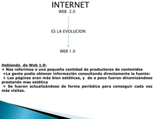INTERNET
                          WEB 2.0




                       ES LA EVOLUCION




                           WEB 1.0


Hablando de Web 1.0:
+ Nos referimos a una pequeña cantidad de productores de contenidos
+La gente podía obtener información consultando directamente la fuente:
+ Las páginas eran más bien estáticas, y de a poco fueron dinamizándose
prestando mas estética
+ Se fueron actualizándose de forma periódica para conseguir cada vez
más visitas.
 