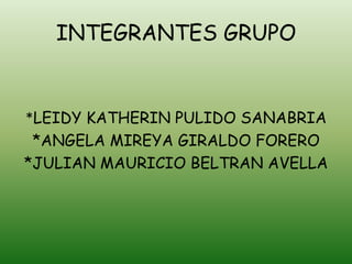 INTEGRANTES GRUPO


*LEIDY KATHERIN PULIDO SANABRIA
 *ANGELA MIREYA GIRALDO FORERO
*JULIAN MAURICIO BELTRAN AVELLA
 