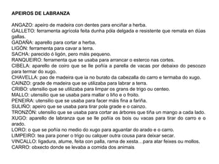 APEIROS DE LABRANZA

ANGAZO: apeiro de madeira con dentes para enciñar a herba.
GALLETO: ferramenta agrícola feita dunha póla delgada e resistente que remata en dúas
gallas.
GADAÑA: aparello para cortar a herba.
LIGÓN: ferramenta para cavar a terra.
SACHA: parecido ó ligón, pero máis pequeno.
RANQUEIRO: ferramenta que se usaba para arrancar o esterco nas cortes.
CIBELA: aparello de coiro que se lle poñía a parella de vacas por debaixo do pescozo
para termar do xugo.
CHAVELLA: pao de madeira que ia no burato da cabezalla do carro e termaba do xugo.
CAINZO: grade de madeira que se utilizaba para labrar a terra.
CRIBO: utensilio que se utilizaba para limpar os grans de trigo ou centeo.
MALLO: utensilio que se usaba para mallar o liño e o froito.
PENEIRA: utensilio que se usaba para facer máis fina a fariña.
SULIÑO: apeiro que se usaba para tirar pola grade e o cainzo.
TRONZÓN: utensilio que se usaba para cortar as árbores que tiña un mango a cada lado.
XUGO: aparello de labranza que se lle poñía os bois ou vacas para tirar do carro e o
arado.
LORO: o que se poñía no medio do xugo para aguantar do arado e o carro.
LIMPEIRO: tea para poner o trigo ou calquer outra cousa para deixar secar.
VINCALLO: ligadura, atume, feita con palla, rama de xesta…para atar feixes ou mollos.
CARRO: obxecto donde se levaba a comida dos animais.
 