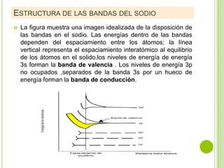 ESTRUCTURA DE LAS BANDAS DEL SODIO
   La figura muestra una imagen idealizada de la disposición de
    las bandas en el sodio. Las energías dentro de las bandas
    dependen del espaciamiento entre los átomos; la línea
    vertical representa el espaciamiento interatómico al equilibrio
    de los átomos en el solido.los niveles de energía de energía
    3s forman la banda de valencia . Los niveles de energía 3p
    no ocupados ,separados de la banda 3s por un hueco de
    energía forman la banda de conducción.
 